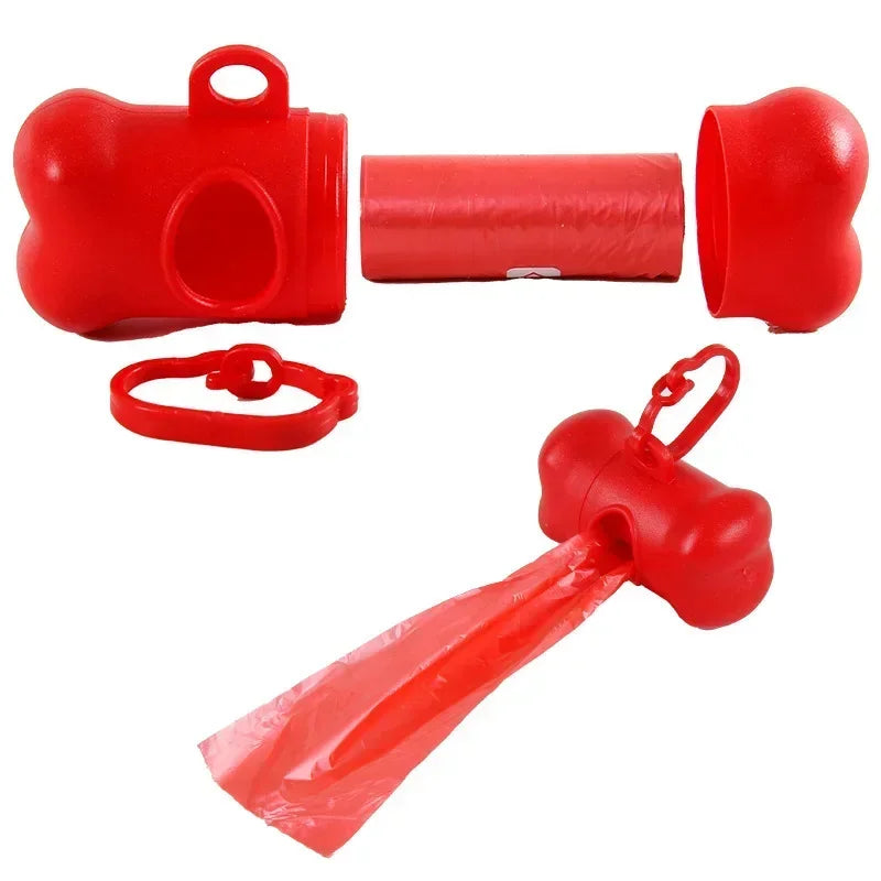 Portable Pet Poop Bag Dispenser Set – Solid Color Printed Dog Waste Bags, Bone-Shaped, 15 Bags Per Roll, Leak-Proof & Easy to Carry for Walking, Travel (Includes Dispenser Shell