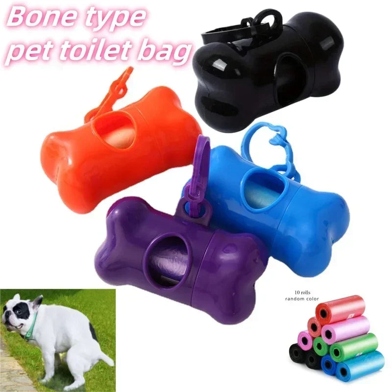 Portable Pet Poop Bag Dispenser Set – Solid Color Printed Dog Waste Bags, Bone-Shaped, 15 Bags Per Roll, Leak-Proof & Easy to Carry for Walking, Travel (Includes Dispenser Shell