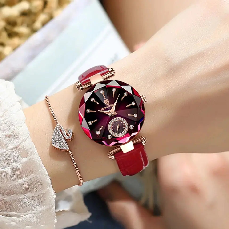 POEDAGAR Damen Uhr – Elegante Luxus Armbanduhr mit Lederarmband
