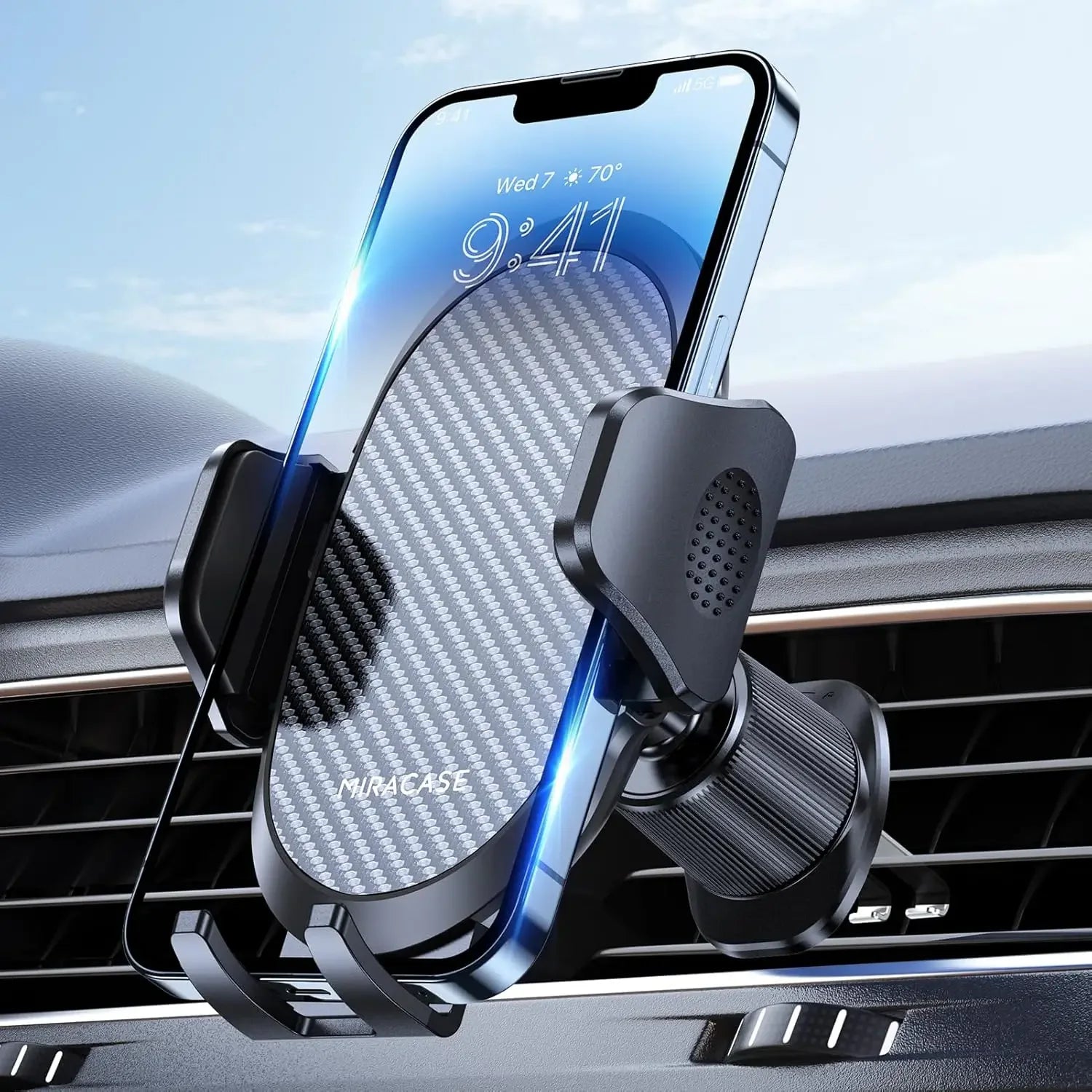 Car phone holder with smartphone on dashboard